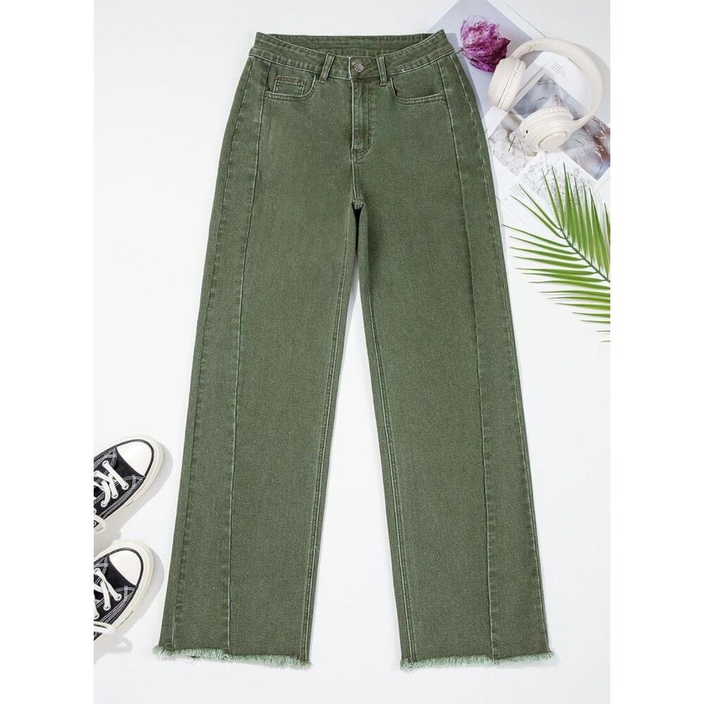Sidefeel Green High Waisted Wide Leg Raw Hem Jeans